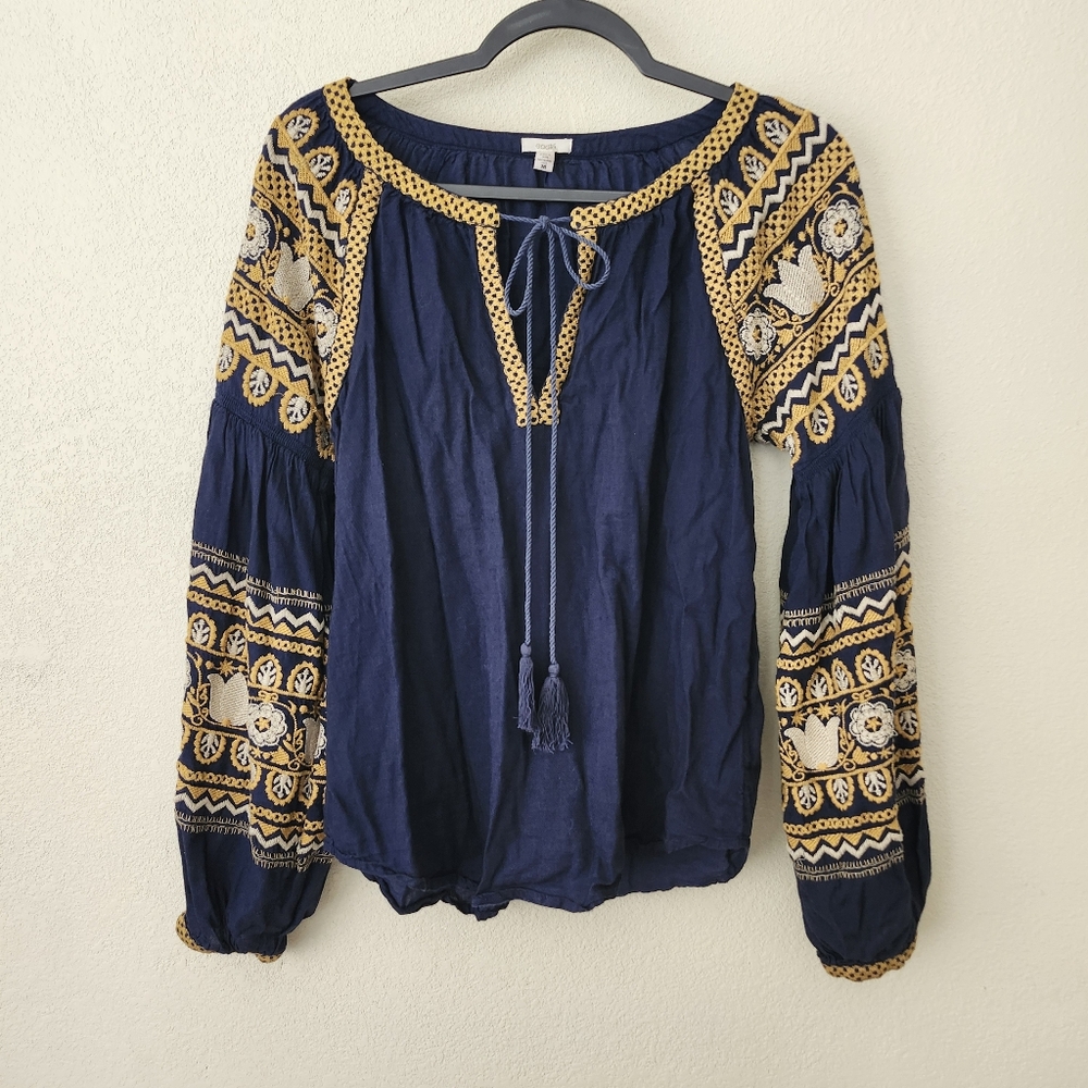 Blue Balloon‎ Sleeve Peasant Top Embroidered Split Neck Tie Size M